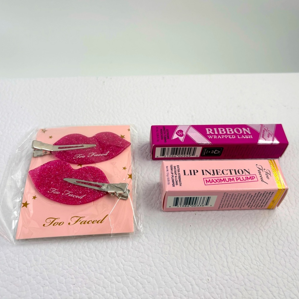 NWT Too Faced 3 pcs mascara lip plumper hair clip deluxe mini travel gift bundle